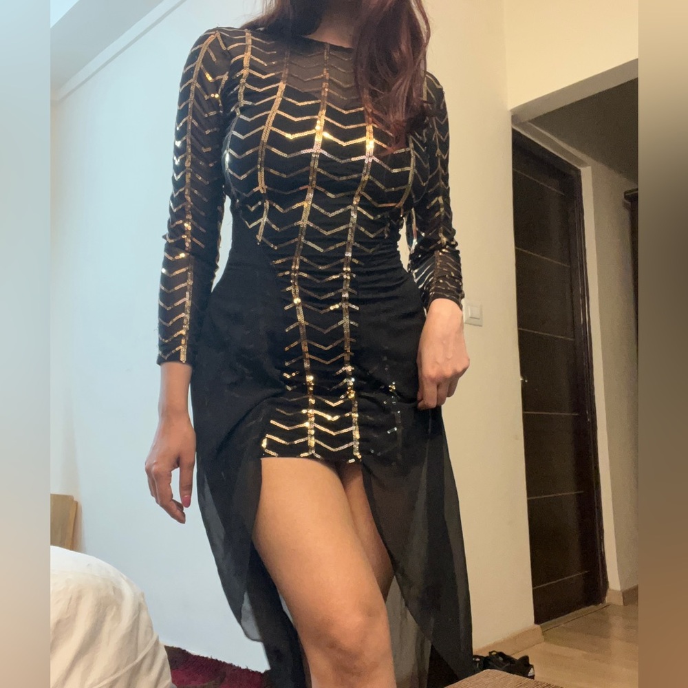 Golden Beaded Black Full sleeves Gown - Picture 5 of 8
